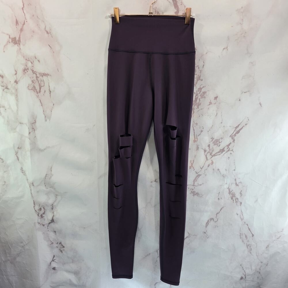 Alo Leggings Womens Small Eggplant Burgundy High Rise Cut Out Warrior Ripped